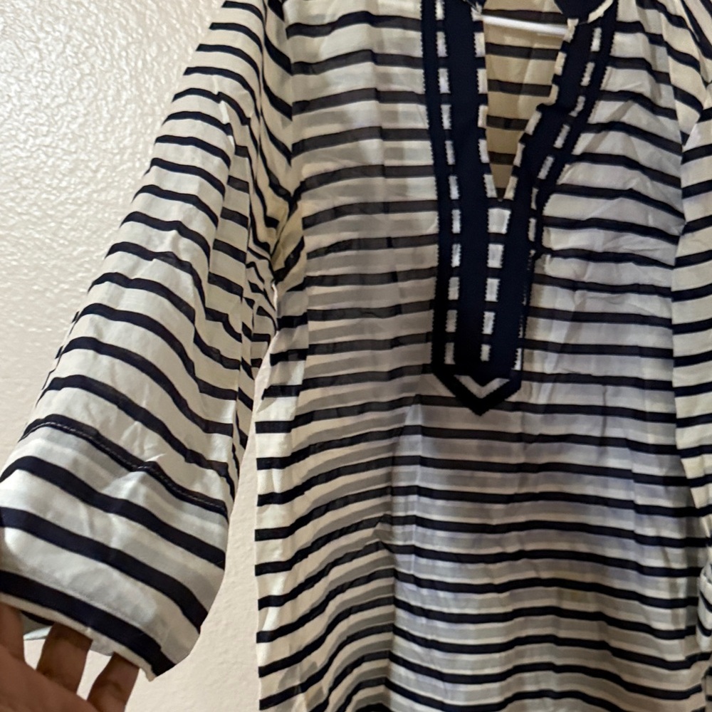 Saint Tropez West Navy and Cream Striped Top Sz L - Picture 5 of 10